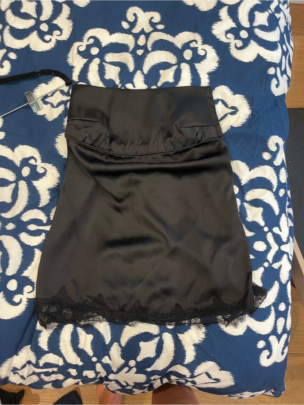 Zara Black Satin Slip Skirt with Lace Trim